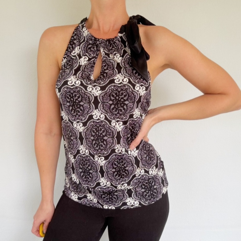 White House Black Market silk henna medallion high neck bow tie blouse medium